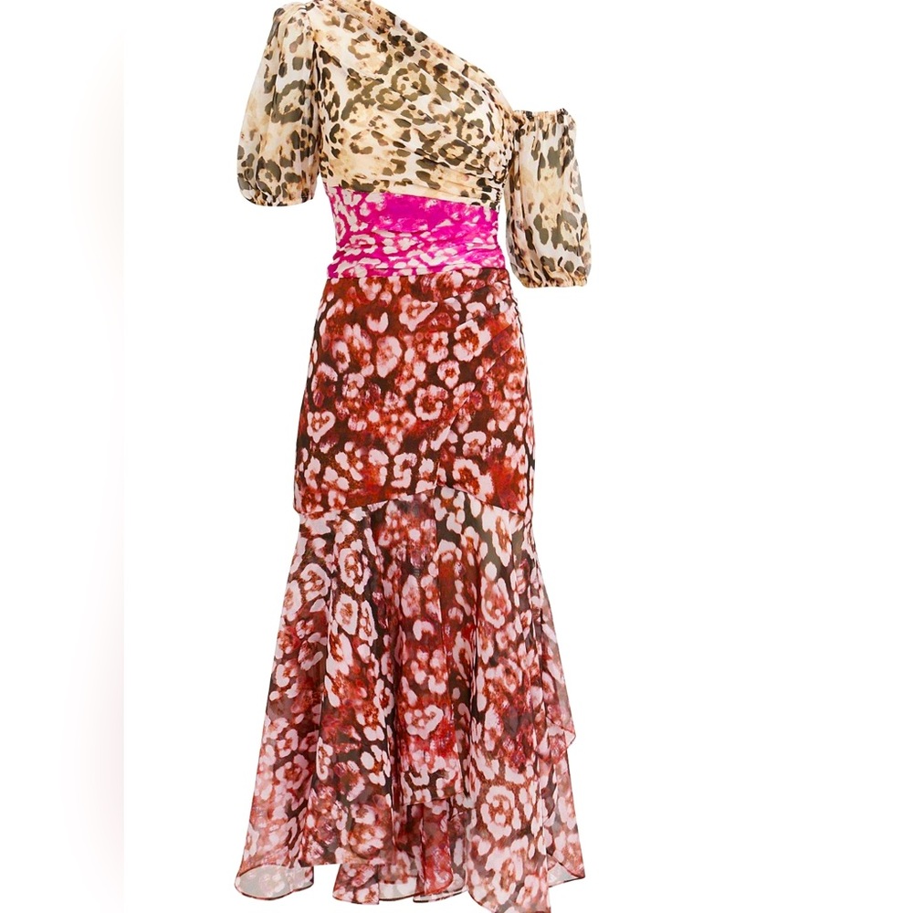 AMUR Jaylah One Shoulder Printed Silk-Chiffon midi dress.